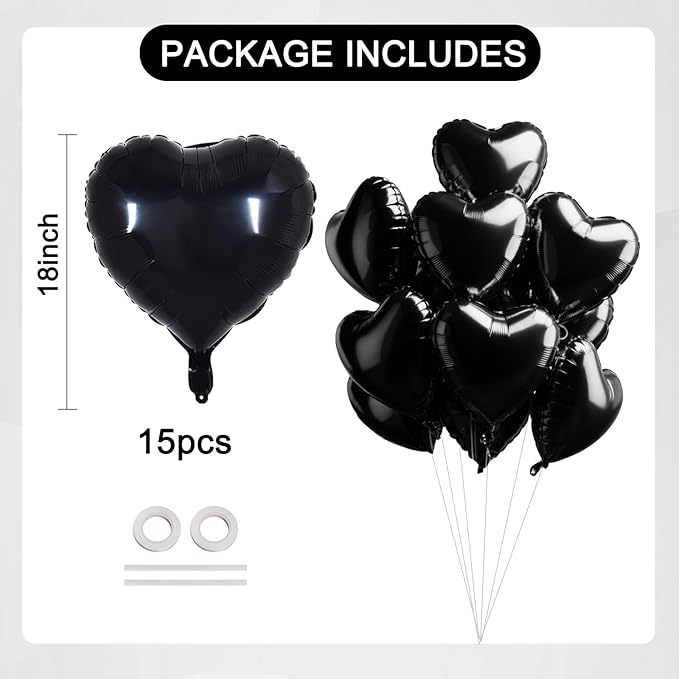 TONIFUL 15Pcs 18 Inch Black Heart Balloons Black Heart Shape Foil Mylar Balloons Decoration for Birthday Valentine's Day Wedding Bridal Shower Anniversary Engagement Party Supplies