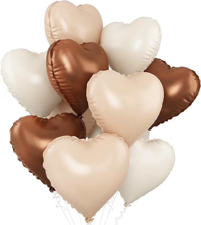Sand White Brown Heart Balloons,10Pcs Apricot Beige Foil Heart Shaped Balloons,18Inch Boho Cream Nude Neutral Helium Balloon for Valentines Engagement Birthday Baby Shower Wedding Party Decorations