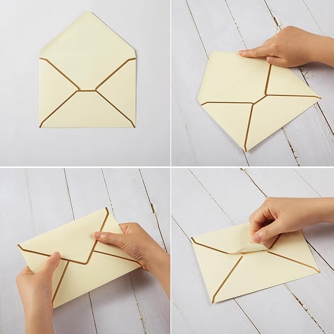 100 Pack A7 Envelopes 5 x 7 Card Envelopes V Flap with Gold Border for Office, Wedding Gift Cards, Invitations, Graduation, Baby Shower, Parties (Cream Color, 5.32 x 7.28 Inches)
