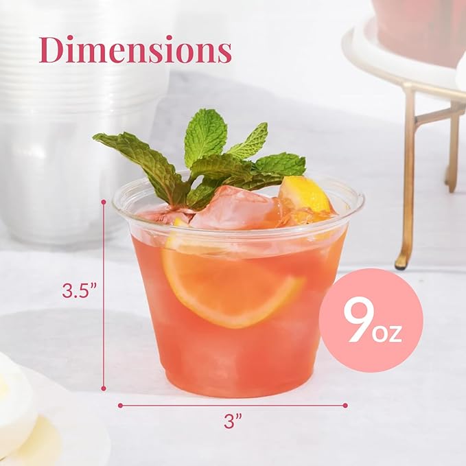Prestee 50 Pack Plastic Cups - 9 oz Clear Disposable Cups for Cold Beverages, Cocktails, and Desserts - Durable Little Small Cup for Wine, Smoothies, Parties, Events, Catering, and Everyday Gatherings