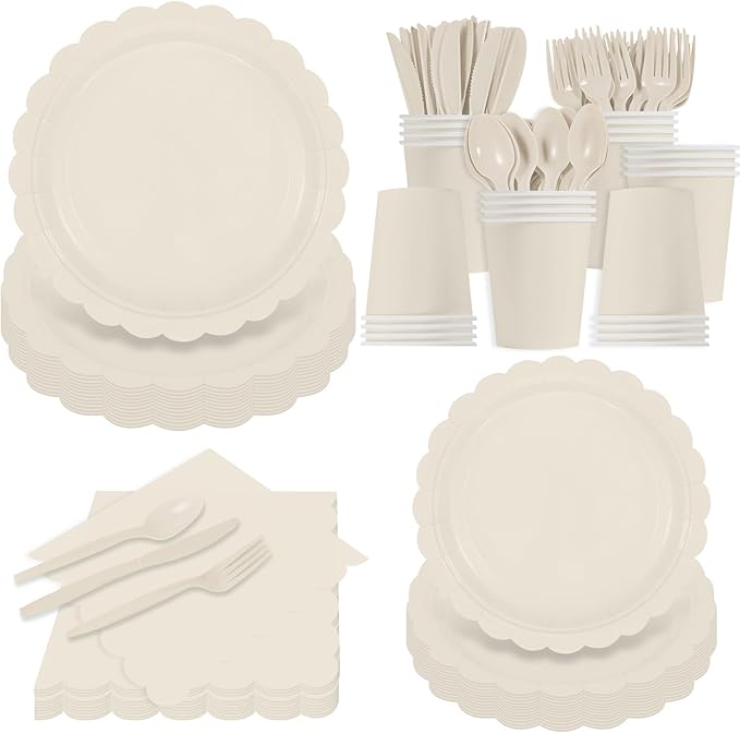 140Pcs Ivory Plates and Napkins, Beige Party Supplies Include Scalloped Cream Paper Plates Napkins Cups Thanksgiving Plate Set for Birthday, Wedding, Bridal&Baby Shower (Ivory white)