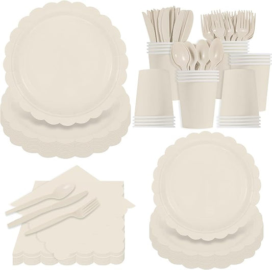 140Pcs Ivory Plates and Napkins, Beige Party Supplies Include Scalloped Cream Paper Plates Napkins Cups Thanksgiving Plate Set for Birthday, Wedding, Bridal&Baby Shower (Ivory white)