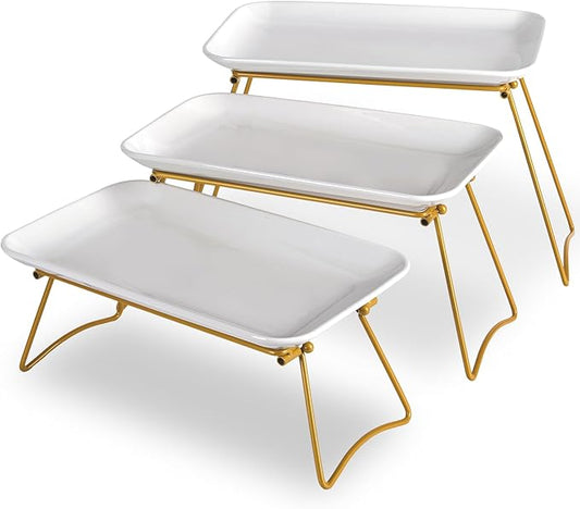 HAPPY KIT 3 Tier Serving Tray Set with Gold Freely Combinable Rack,12 Inch Tiered Tray Stand,Widened Porcelain Platters,Decor Cupcake Stand for Christmas Party Display,Dessert Trays Collapsible