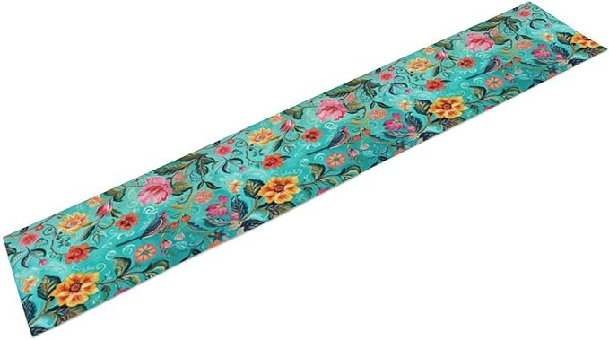 Flowers Birds Spring Table Runner, Colorful Birds Branches Blue Floral Seasonal Kitchen Dining Table Decoration for Home Party Decor 13x108 Inch