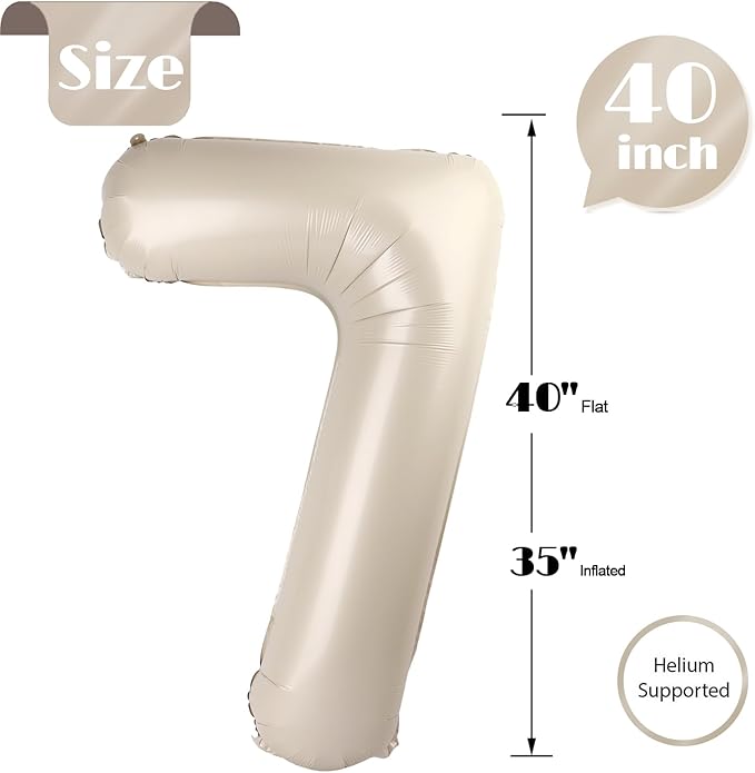 Cream Number 7 Balloon 40 Inch, 7th Birthday Party Decorations for Children, Giant 7 Foil Balloon for Party Supplies