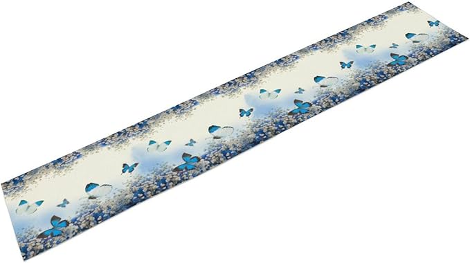 Flowers Butterfly Spring Table Runner, Blue Floral Seasonal Kitchen Dining Table Decoration for Home Party Decor 13x90 Inch