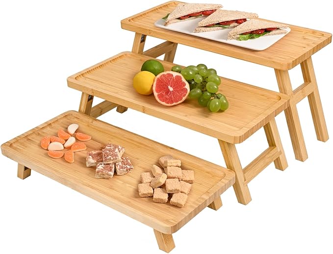 GEHE Natural Bamboo Cupcake Stand, Foldable 3 Tier Cupcake Display Stand Tower, Dessert Table Serving Tray for Birthday/Wedding/Christmas/Party, Charcuterie Boards