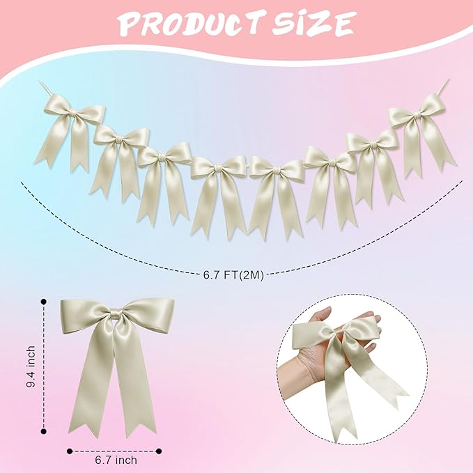 1 String of 8PCS Ivory White Bow Garland Banner Decoration,Pre-Strung Satin Ribbon Ornaments for Birthday,Bachelorette Party,Bridal Shower,Wedding,Engagement,Baby Shower,Graduation Decor,Anniversary