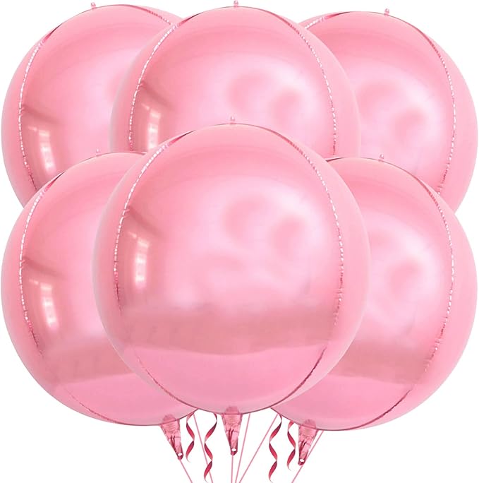 6 Pack Pearl Pink 22 Inch 4D Foil Balloons Big 360 Degree Round Sephere Mylar Balloons Mirror Finish Metallic Balloons for Wedding,Birthday,Bachelorette,Baby Shower Decorations Party Supplies