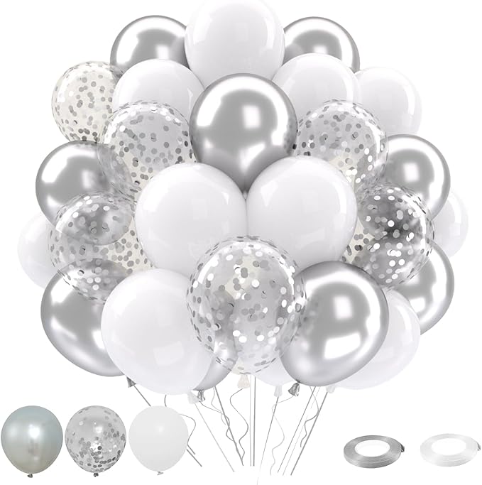 Patimate White and Silver Balloons Set, 50 pcs 12 inch Metallic Silver White Confetti Latex Balloons Kit for Birthday Wedding Anniversary Baby Shower Party Decorations