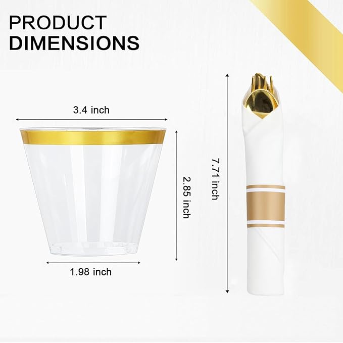 M MCIRCO 175 Piece Gold Dinnerware Set - 50 Plastic Plates, 25 Cups, 25 Pre Rolled Napkins with Plastic Silverware, Disposable Gold Dinnerware Set for 25 Guest