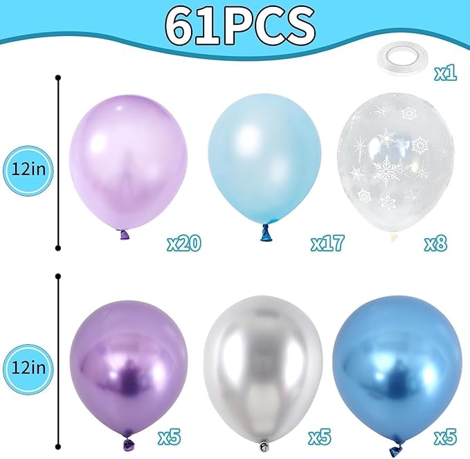 Blue Purple Silver Balloons, 60PCS Snow Balloons Metallic Purple Blue Silver Balloon with Pearl Blue Purples Snowflake Print Party Balloon for Girls Birthday Winter Snow Wonderland Party Decorations