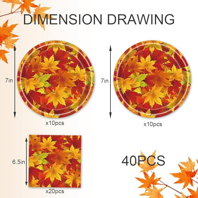 40Pcs Fall Birthday Party Decorations Disposable Autumn October Tableware Set Decor Orange Falling Maple Leaves Birthday Plates and Napkins Supplies Fall Decorations Thanksgiving Party Decorations
