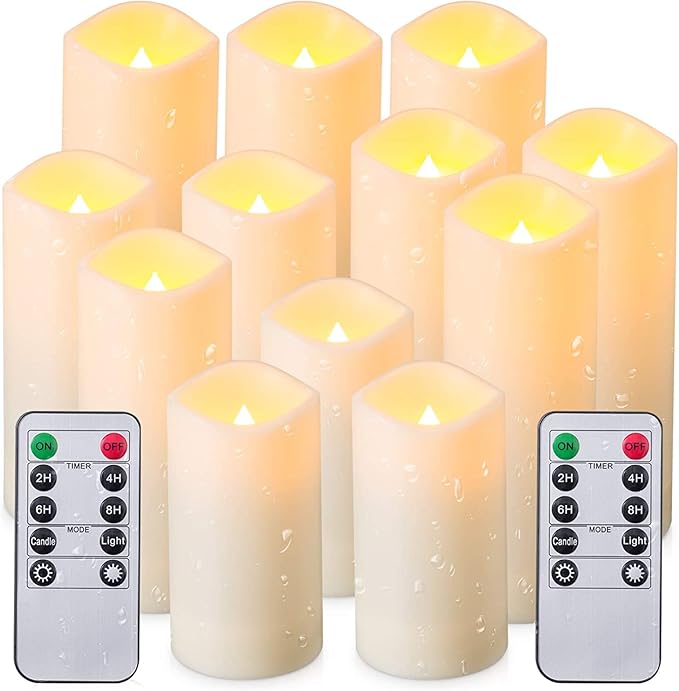 12 Pack Flameless Candles Battery Operated Waterproof Led Candles (D:2.2" X H:4" 5" 6" 7") Candles with 2 Remotes Contro for Wedding, Party, Birthday