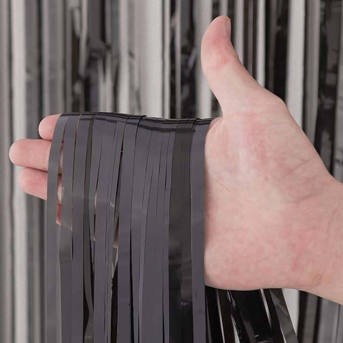 2 Pack Black Tinsel Foil Fringe Curtains, Black Party Decorations, Metallic Tinsel Party Streamers Backdrop for Birthday Halloween New Years Graduation Party Decorations