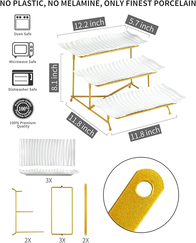 LAUCHUH 3 Tier Trays Stand, Porcelain Serving Trays Collapsible Sturdier Stand Serving Platters Dessert Table Display Set for Indoor Party, Entertaining, Thanksgiving, Christmas, Gold, 12.2 Inch