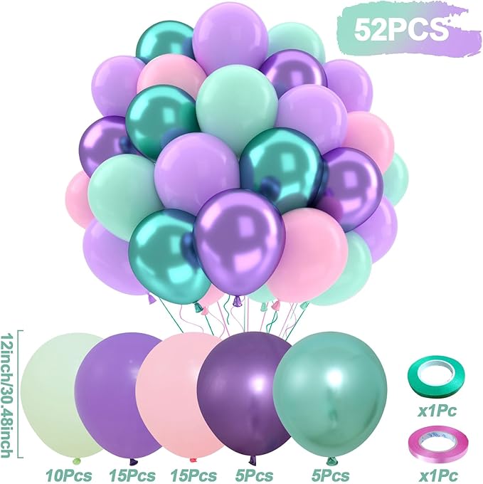 Patimate Mermaid Party Balloons Set, 50 pcs 12 inch Pastel Purple Pink Green Metallic Purple Green Latex Balloons Kit for Girls Mermaid Birthday Baby Shower Under The Sea Party Decorations