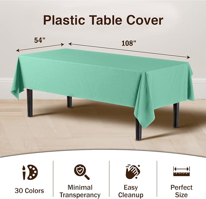 Party Solids 6-Pack Premium Plastic Tablecloth 54in. x 108in. Rectangle Plastic Table Cover - Mint