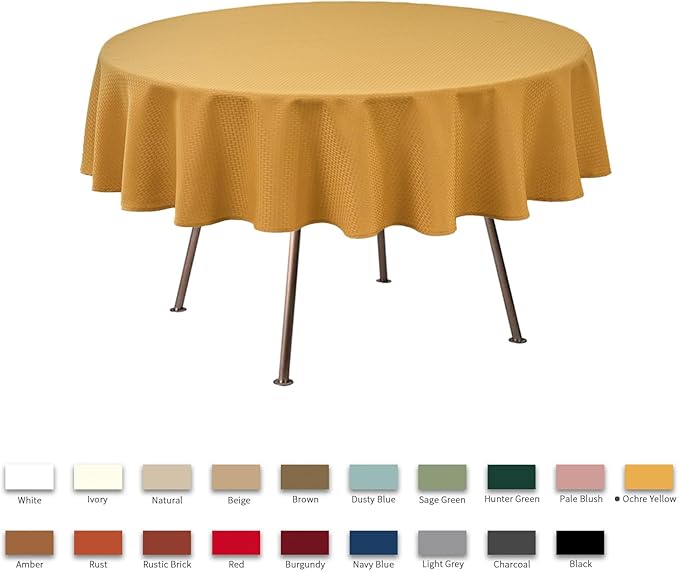 maxmill Round Weaved Texture Design Tablecloth Spill-Proof Wrinkle Free Soft Washable Table Cloth for Circular Table Cover, for Dining Room Banquet Parties Holiday Dinner, 70 Inch Ochre Yellow