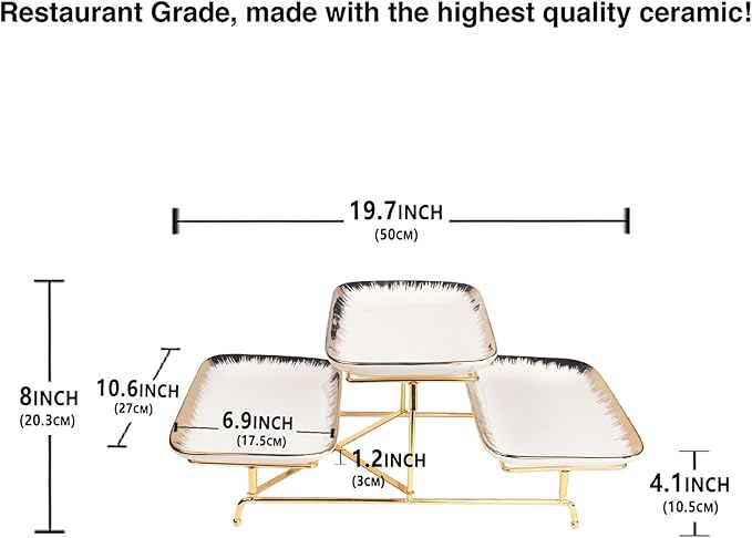 Three-Tier Ceramic Plate Rack - A Foldable Gold-Rimmed Plate Rack with Three 10.6-inch Gold-Rimmed Plates for displaying Food, Fruit, Desserts, and Serving Guests.