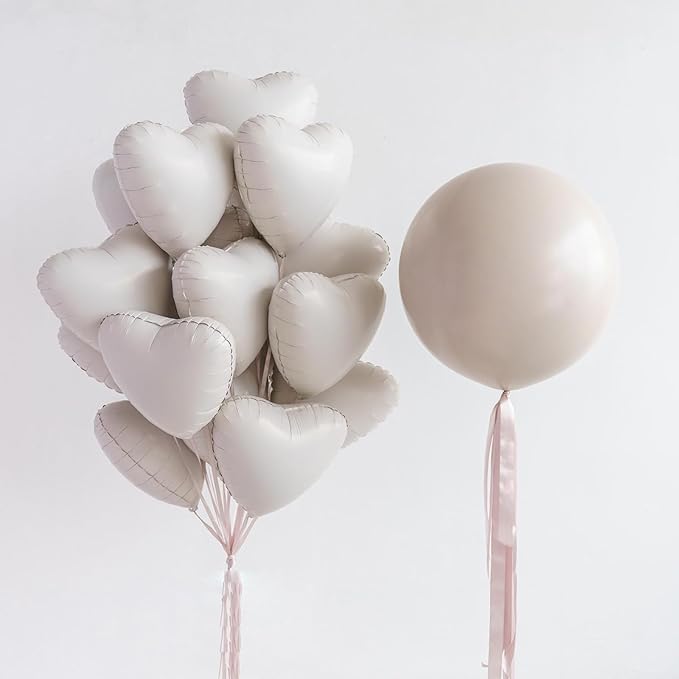 White Heart Balloons,10Pcs Cream White Foil Heart Shaped Balloons,18Inch Beige Helium Polyester Film Balloon for Valentines Engagement Birthday Baby Shower Wedding Party Decorations