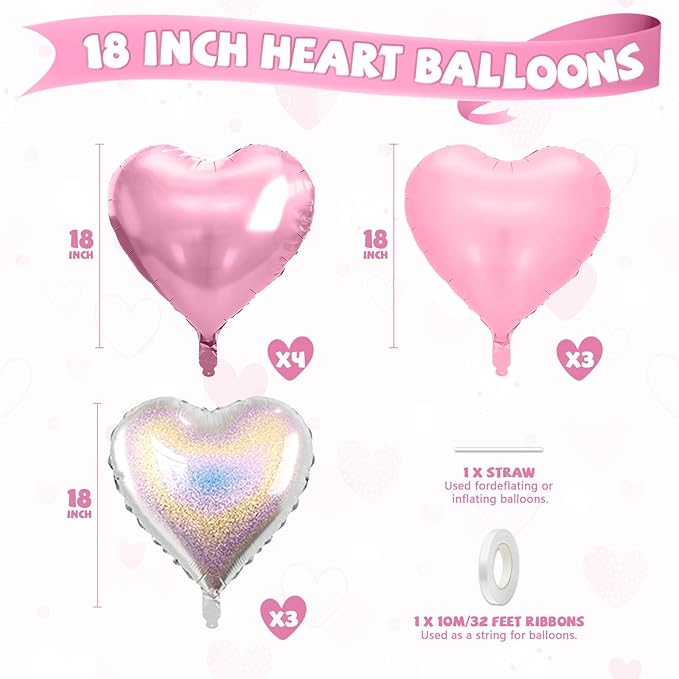 Pink and Silver Heart Balloons, 10 Pcs Pink Laser Silver Heart Shaped Balloon, 18 Inch Metallic Glitter Stars Foil Balloons for Girls Women Princess Brithday Baby Shower Valentines Party Decorations