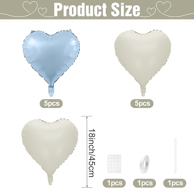 Baby Blue Heart Balloons,10Pcs Cream White Blue Foil Heart Shaped Balloons,18Inch Sand White Pastel Blue Helium Balloon for Valentines,Engagement,Birthday,Baby Shower,Wedding Party Decorations