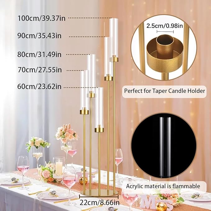 39.4'' Tall Gold Floor Candelabra，Set of 8PCS 5 Arm Candle Holder Tall Floor Candle Holder with Acrylic Lampshade for Wedding Table Birthday Party Home Decoration Fit LED Taper Candles