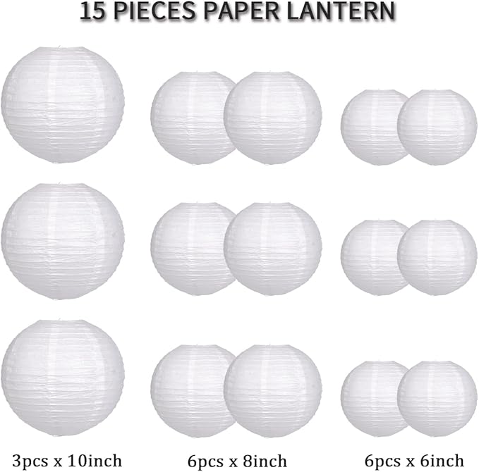 Paper Lanterns Party Decorations, Round Hanging Paper Lanterns Decorations for Graduation Engagement Wedding Birthday Party Supplies White 15pcs