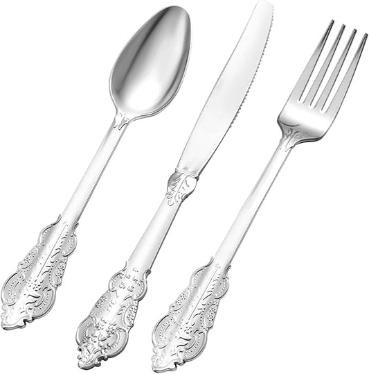 75PCS Silver Plastic Silverware for 25 Guests, Heavy Duty Silver Disposable Utensils Sets, Includes 25 Forks, 25 Spoons, 25 Knives, Elegant Cutlery Perfect for Wedding or Party