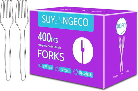 [400 Count] Heavy Duty Clear Plastic Forks Disposable Plastic Fork Bulk Utensils Reusable Cutlery Set Thick Plasticware Silverware for Party,Every Day Use,Picnic,Camping,Wedding,Barbecues