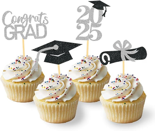 24Pcs Graduation Cupcake Toppers, Graduation Cupcake Picks for Cupcake Food Decorations - Class of 2025 Cupcake Toppers Supplies (Silver)