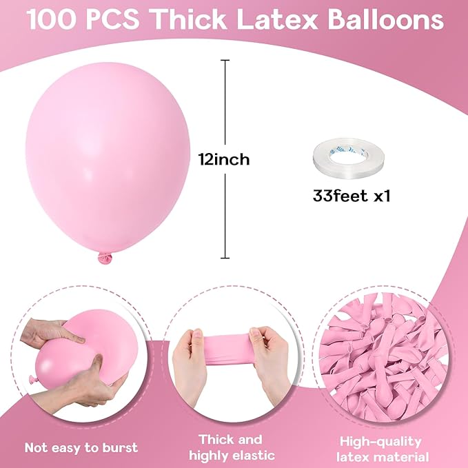 Pastel Pink Balloons 12 Inch, 100 Pack Baby Pink Balloon Light Pink Latex Balloons Matte Pale Soft Macaron Pink Helium Balloons for Gender Reveal Baby Shower Princess Birthday Party Decorations
