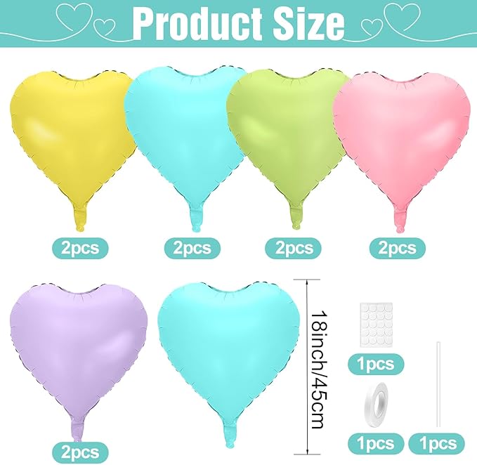 Pastel Colorful Heart Balloons,10Pcs Rainbow Foil Heart Shaped Balloons,18Inch Pink Blue Yellow Green Purple Helium Balloon for Valentines Engagement Birthday Baby Shower Wedding Party Decorations