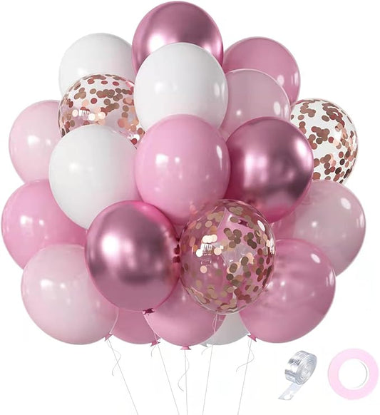 Pink White Rose Party Balloons, 60pcs 12 inch Pink White Rose Gold Confetti Balloons Kit, Pink White Chrome Rose Latex Balloons for Birthday, Wedding, Graduation Party Decorations