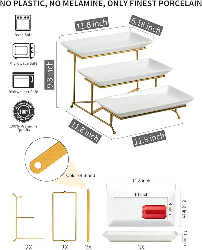 LAUCHUH 3 Tier Serving Stand Porcelain Serving Platter Tier Serving Trays with Collapsible Sturdier Rack, Serving Dishes and Platters for Thanksgiving, Christmas, Entertaining, Gold, 12 Inch