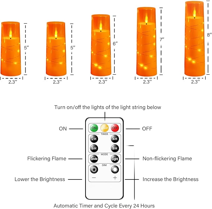 Flameless LED Candles with Timer 5 Pc Flickering Flameless Candles for Romantic Ambiance and Home Decoration Stable Acrylic Shell,with Embedded Star String，Battery Operated Candles（Orange）