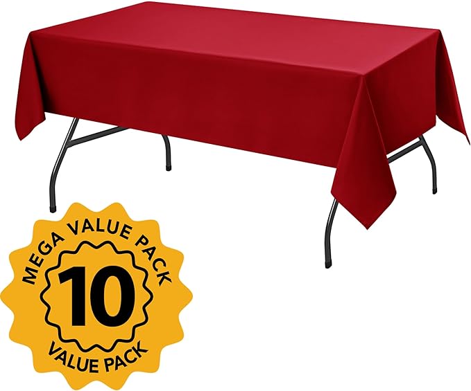 10-Pack Red Tablecloths for Rectangle Tables, 60 x 84 Inches, Stain-Resistant Polyester Fabric for 4 Foot Tables - Washable Table Covers for Weddings, Banquets, Birthday Parties, Events