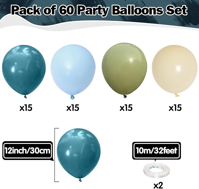 Sage Green Blue Balloons 60 Pcs 12 Inch Dusty Blue Sage Green Cream Balloons Avocado Slate Beige Apricot Balloon for Boys Men Hole in One Golf Boho Goose Baby Shower Birthday Party Decorations