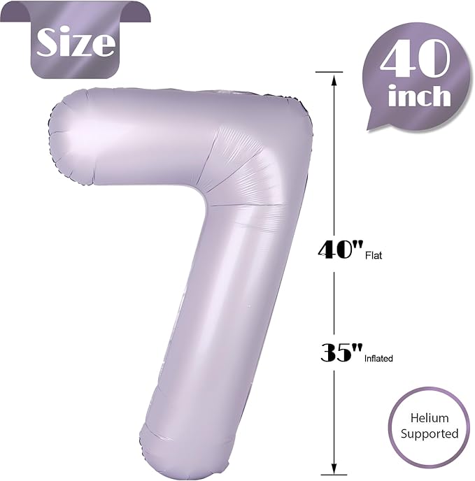 Lilac Number 7 Balloon 40 Inch, 7th Birthday Party Decorations for Children, Giant 7 Foil Balloon for Party Supplies