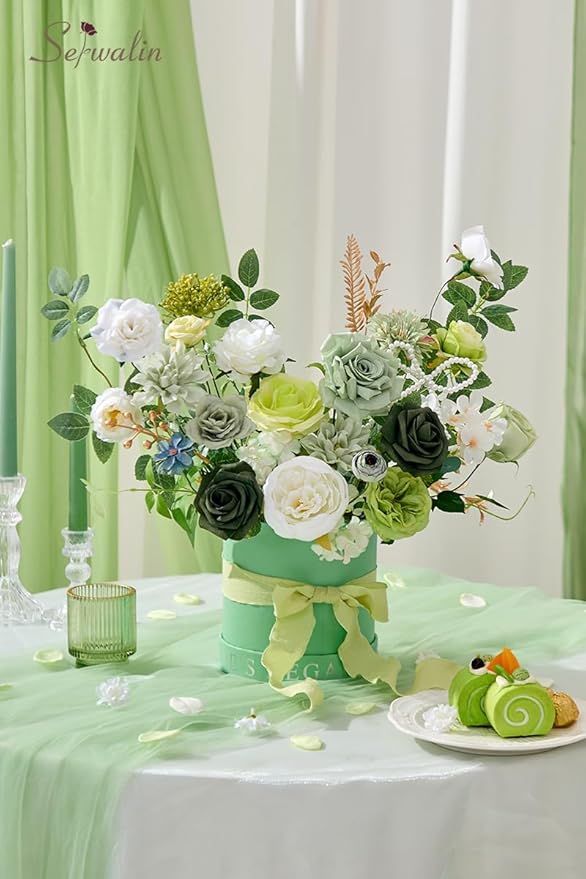Serwalin Artificial Silk Flowers Green, Fake Flowers Stems for DIY Wedding Bouquets, Baby Shower Centerpieces, Cake Decor, Birthday Party & Home Decor