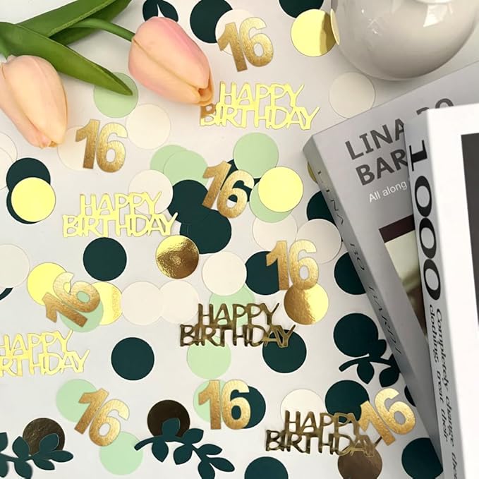 Sage Green 16th Happy Birthday Confetti, 16th Birthday Table Decorations Scatter Green Gold Foil Cake Confetti Decorations for 16 Bday Girls Boys Party Decor 230 Pcs