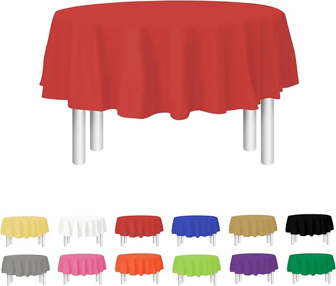 Party Dimensions Red Disposable Plastic Tablecloth for Round Tables (12 Pack) 84 inches Table Cloths for Parties, Events & Weddings, Indoors & Outdoors, Plastic Table Cover