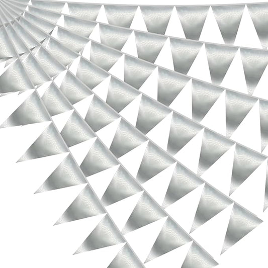 40M/130FT Silver Triangle Pennant Banner Flag Metallic Fabric Bunting Garland for Christmas Graduation Wedding Engagement Anniversary Bachelorette Birthday Bridal Shower Valentines Hen Party Supplies