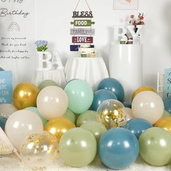 Paready Sage Green and Dusty Blue Balloon Set, 50Pcs 12 Inch Metallic Confetti Gold Apricot Balloons for Safari Birthday Party Bridal Shower Decorations