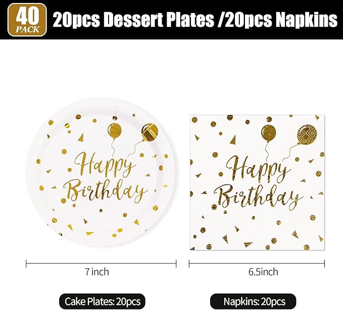 9Inch Birthday Plates and Napkins, White and Gold Balloons Dessert plates Disposable Party Supplies 40PCS Cake Paper Plates Tableware for Birthday Party Decorations