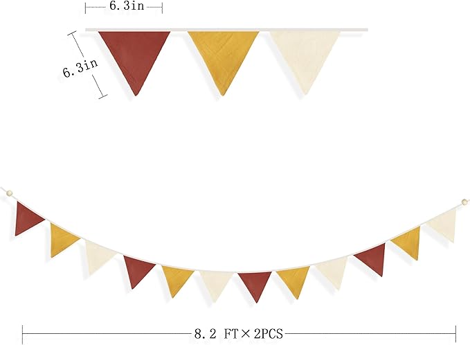 2 Sets of Brick Red Yellow Beige Nursery Garland 24Pcs Fabric Linen Baby Banner Triangle Pennant Flags Streamers for Kids Girls Birthday Boho Baby Shower Party Decorations Baby Bedroom Nursery Decor