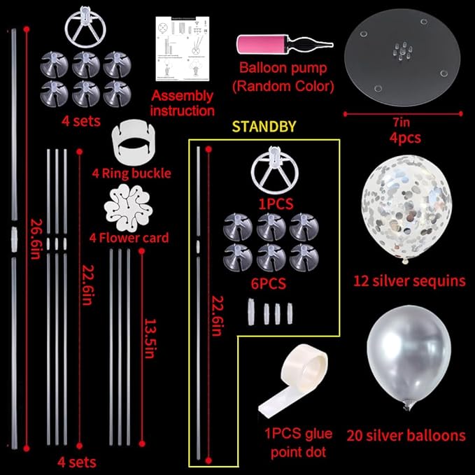 TONIFUL 4 Silver Balloon Stand Centerpiece Table Decorations for 25th Wedding Anniversary Birthday Bridal Shower Graduation Party Decorations New Year 2025 Christmas