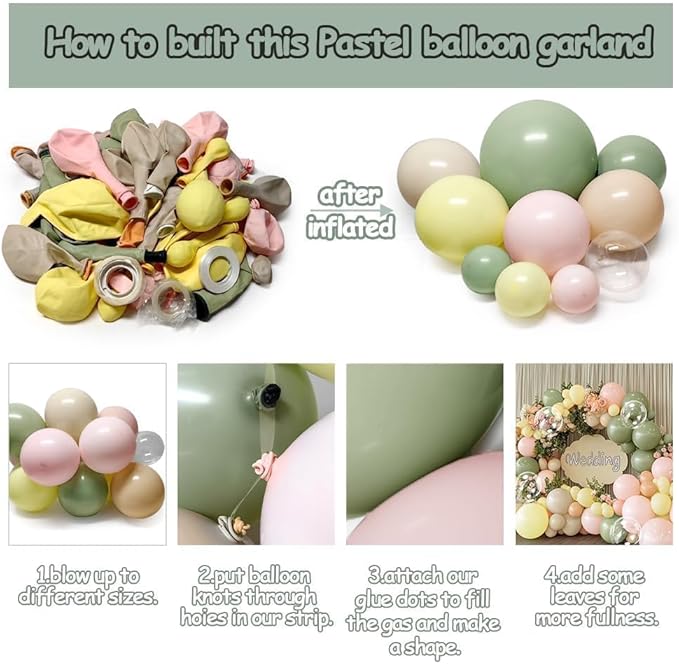 Pink Green Yellow Balloon Arch Kit, Double Stuffed Sage Green Pastel Pink Yellow White Sand Balloon Garland Beige Cream Balloons for Baby Shower Birthday Wedding Bridal Fairy Flower Tea Party Decor