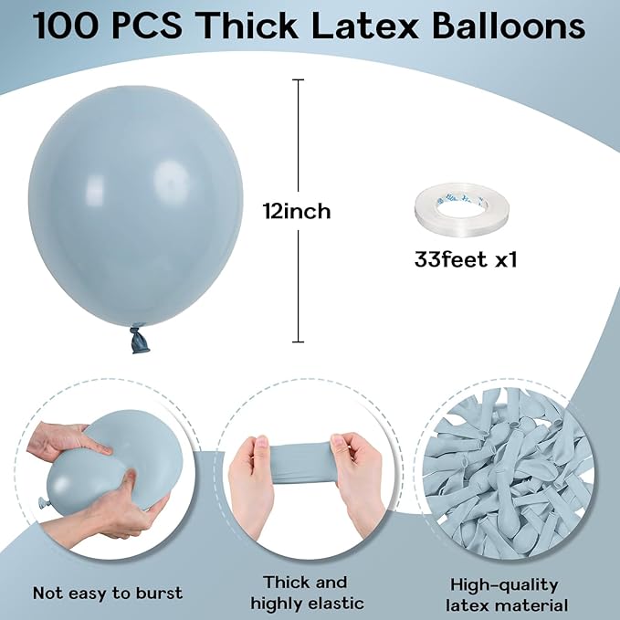 Blue Balloons - 12 Inch, 100 Pack Muted Dusty Blue Latex Balloons for Birthday, Boho Baby Shower, Bachelorette Party Decorations